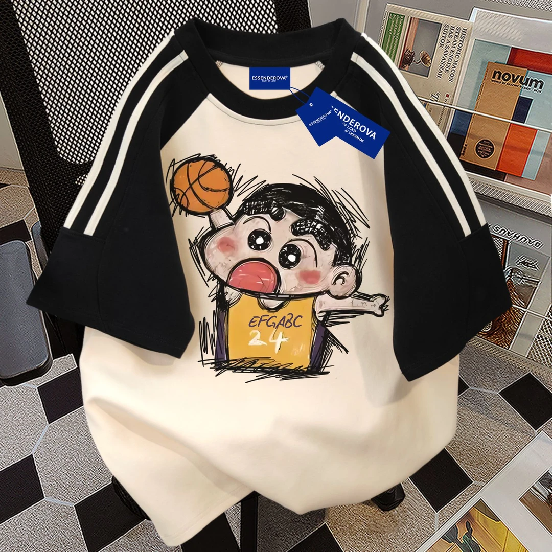 100%纯棉国潮流行蜡笔小新圆领短袖t恤男女夏季宽松简约情侣上衣