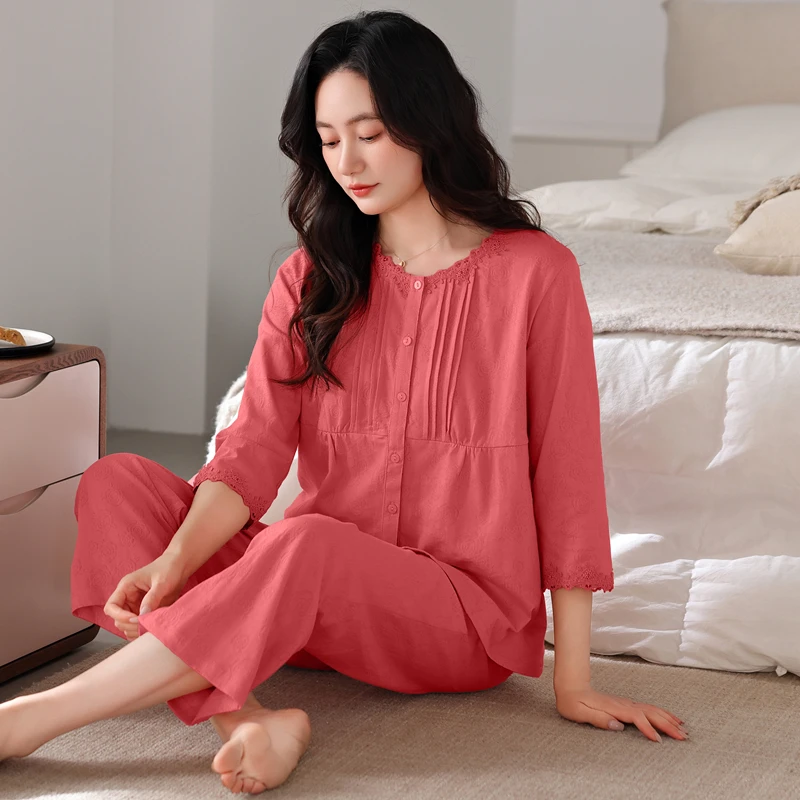 睡衣女款爆款2025新款夏季七分袖长裤套装春秋纯棉女士大码家居服