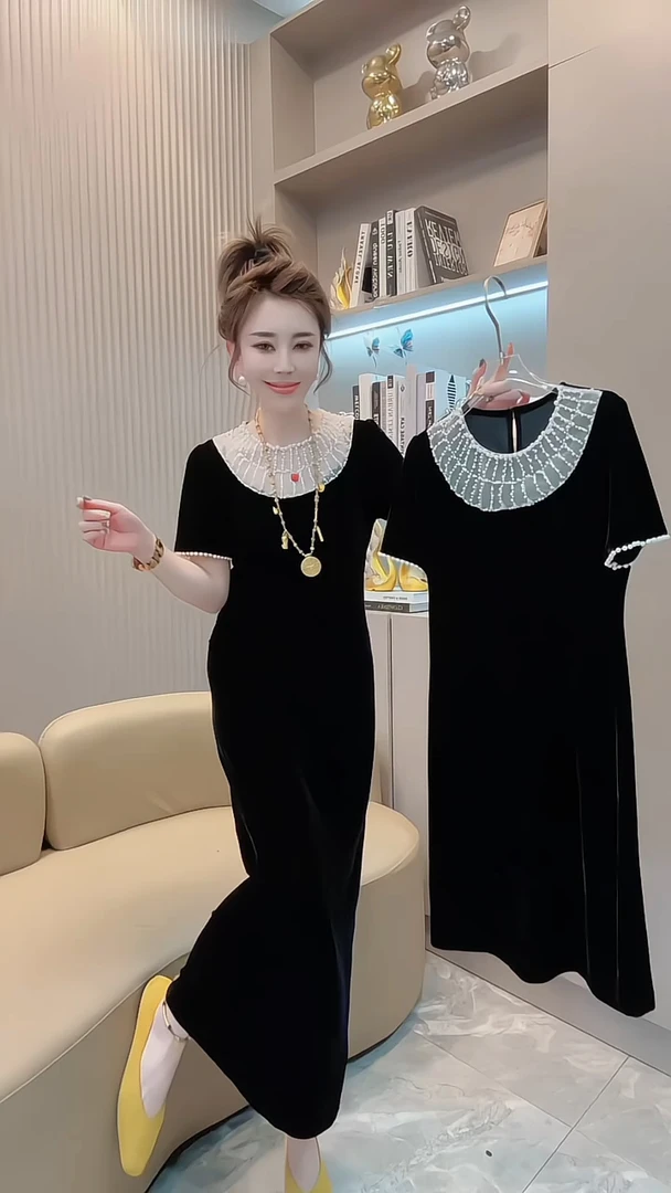 2025秋季网红时尚女士丝绒串珠短袖开叉连衣裙洋气减龄显瘦百搭款