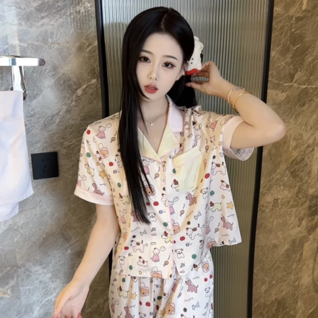 （可爱狗）夏季休闲可爱显瘦短袖睡衣女套装丝质女家居服套装可外穿