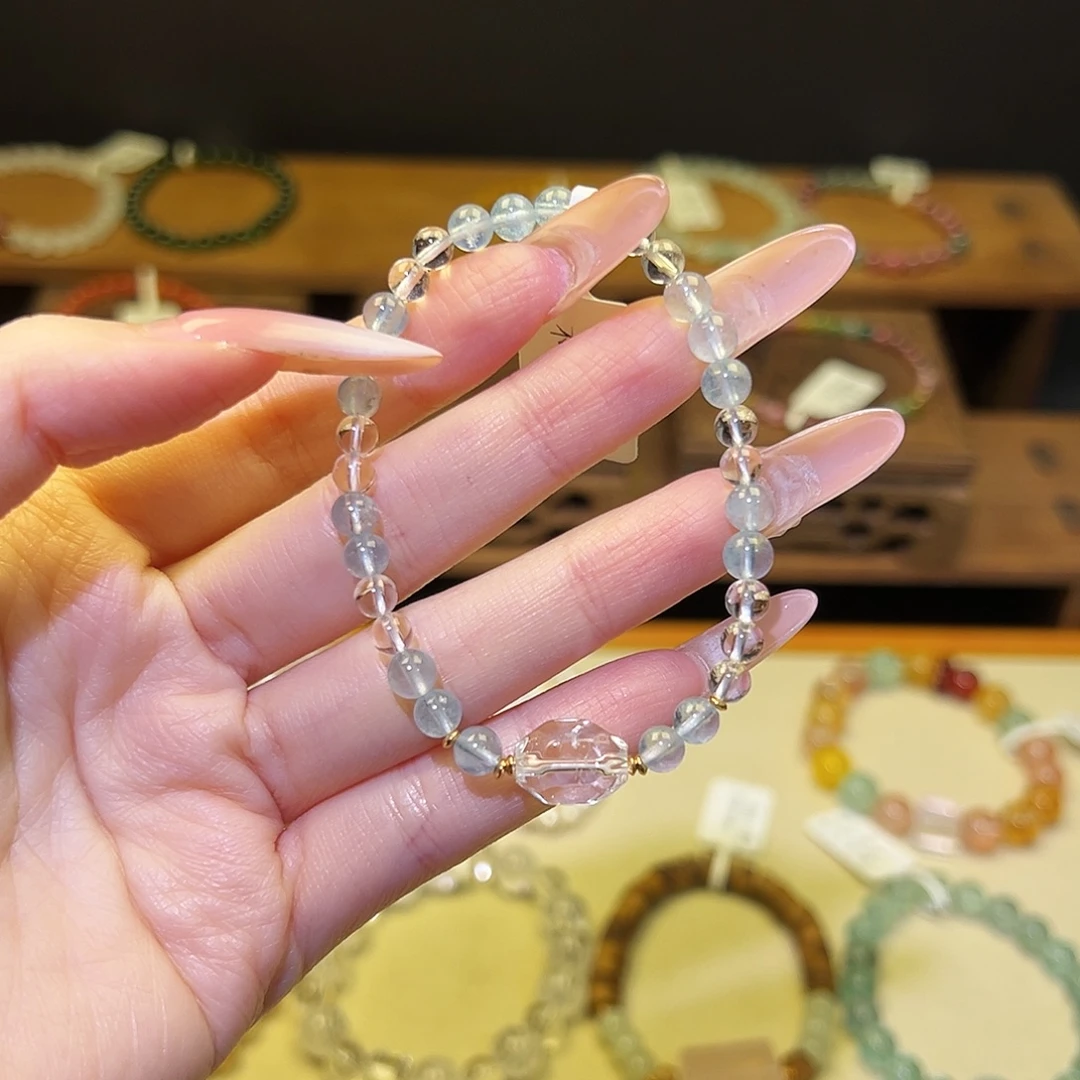 水晶手串银S925镀金镶嵌海蓝1831
