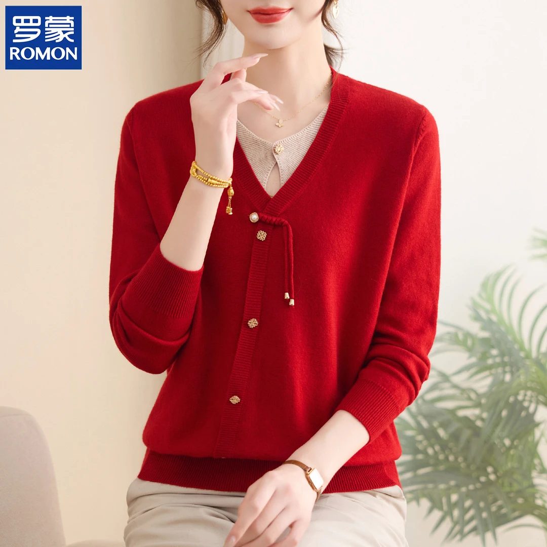 罗蒙气质妈妈装冬装厚款假两件针织衫中老年女装冬季新款保暖毛衣