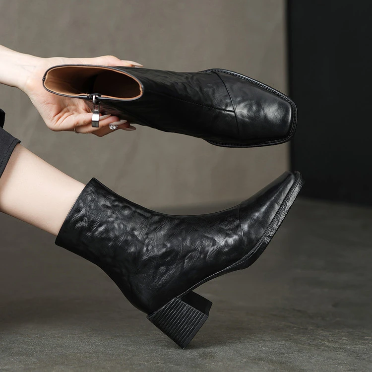 6cm 英伦风通勤休闲百搭短靴秋冬法式复古简约时尚高跟侧拉链短靴