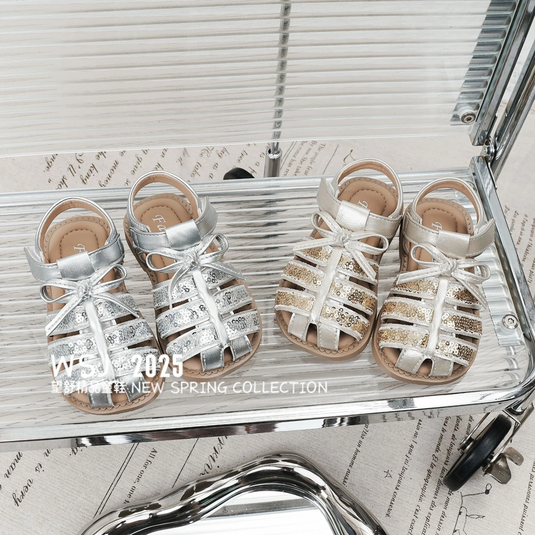 望舒家『仲夏之梦』韩版女童亮片蝴蝶结公主鞋夏季软底包头凉鞋19