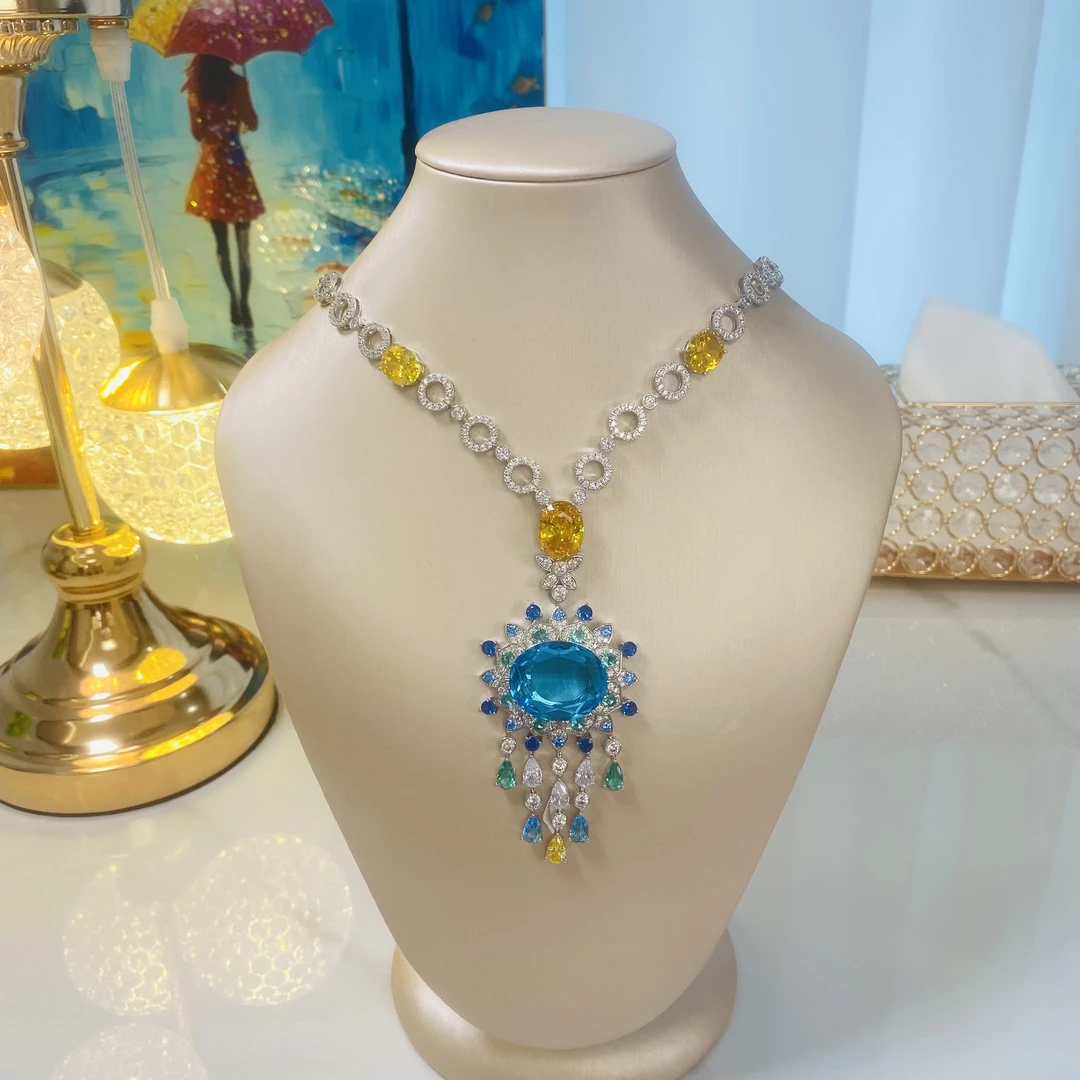 铜合金锆石项链 D004《蓝眸》欧美瑞丽蓝黄双色椭圆设计款坠链