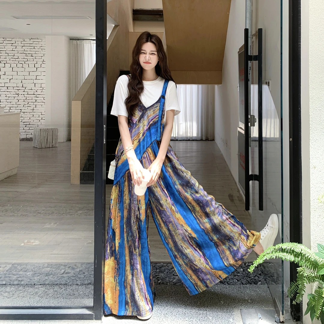 彩虹多巴胺条纹背带裤女夏季韩版气质减龄重工垂感宽松显瘦阔腿裤