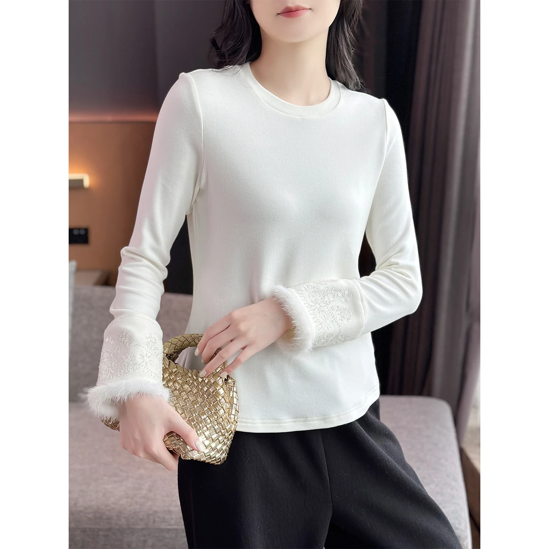 左左家 新中式叠穿~水貂毛拼接钉珠刺绣温暖感双面磨毛加绒打底衫