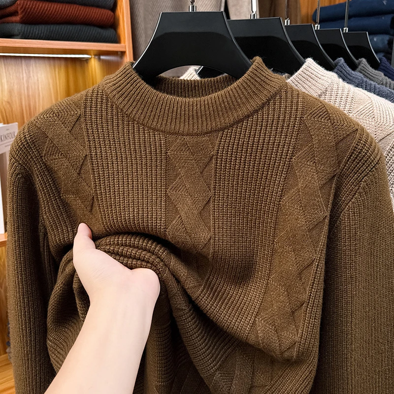 男士长袖休闲厚款套头款针织半高领圆领毛衣打底衫加厚秋冬时尚