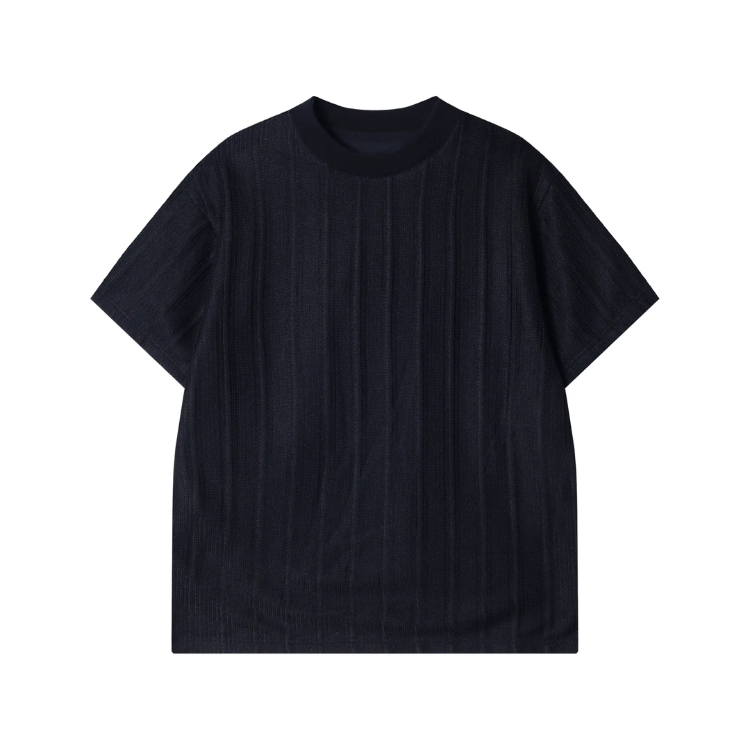 夏季新款时尚个性立体竖条纹显瘦休闲百搭通勤套头宽松圆领上衣