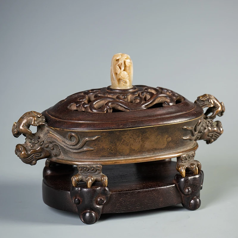 清代 铜兽耳四足随形炉（红木盖座） 古董艺术品
