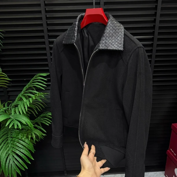 男士编织皮翻领羊毛纯色老钱夹克短款时尚休闲秋冬