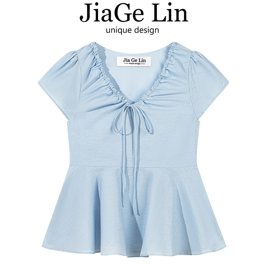 JiaGeLin韩系设计感抽绳V领短袖衬衫女夏季时尚简约气质百搭上衣