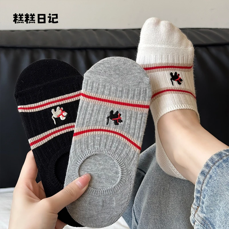 夏季TB条纹围脖小狗刺绣不掉跟隐形船袜女透气舒适不掉跟隐形船袜