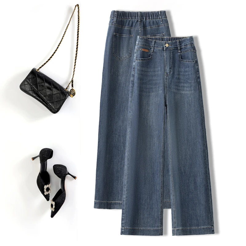 2025年新款牛仔裤女秋冬高腰直筒松紧腰阔腿裤休闲小个子烟筒裤子