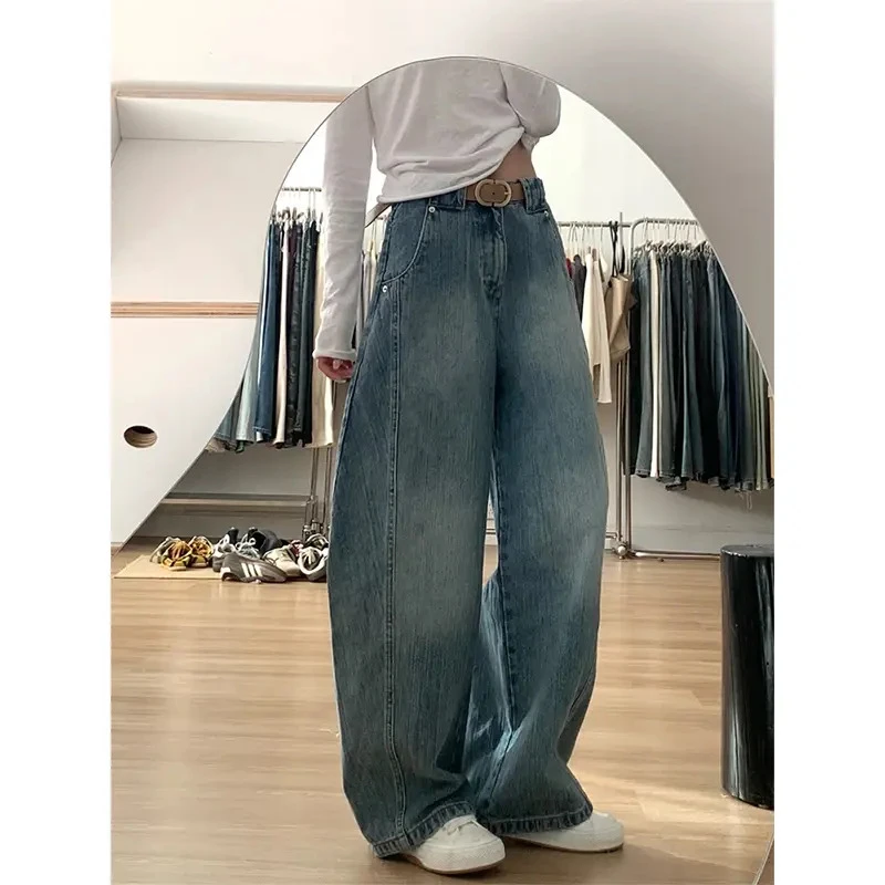 美式复古竹节纹弯刀阔腿牛仔裤女冬季2025新款高腰显瘦垂感拖地裤