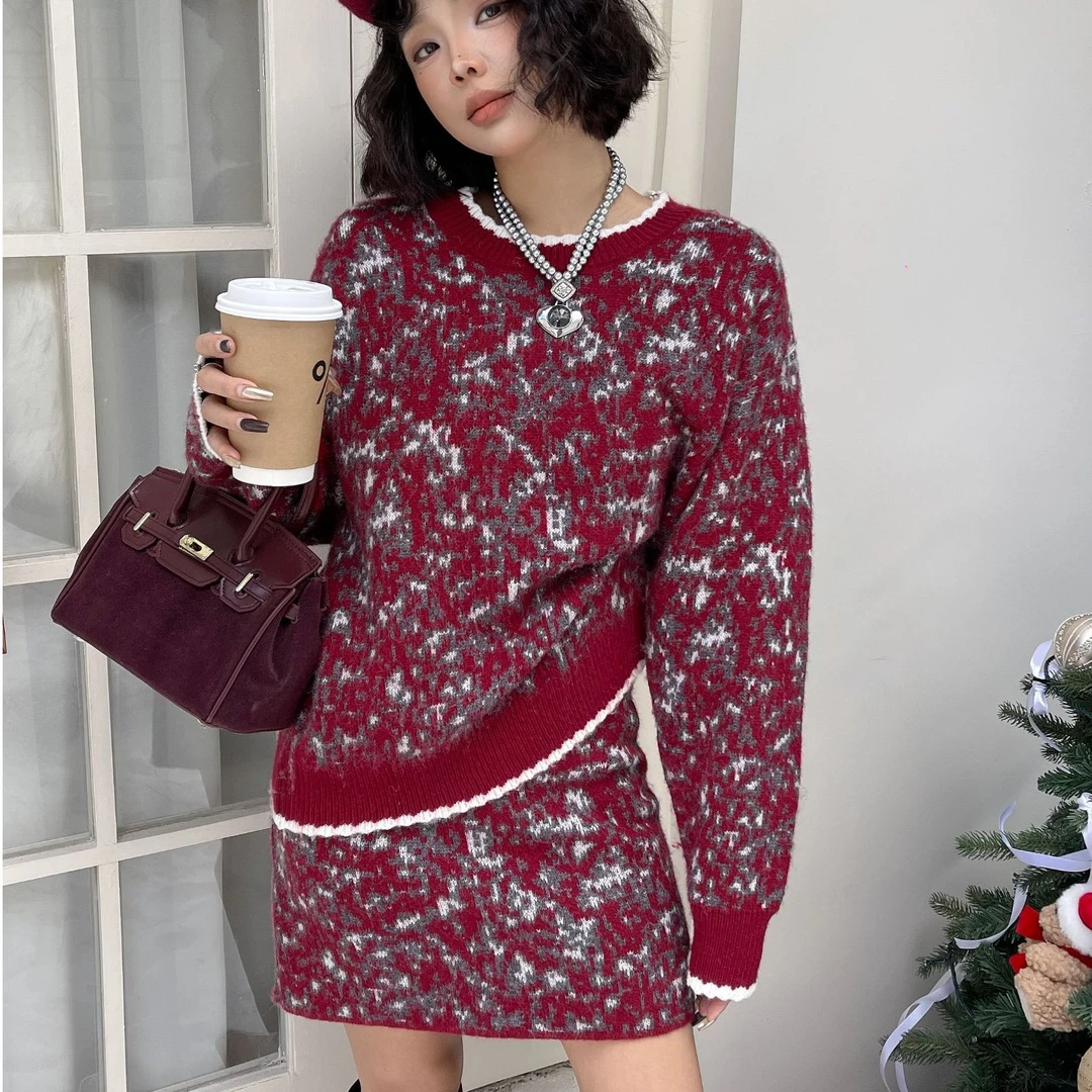 圣诞红色水墨画时尚针织套装女冬季新款花边套头毛衣半身裙两件套