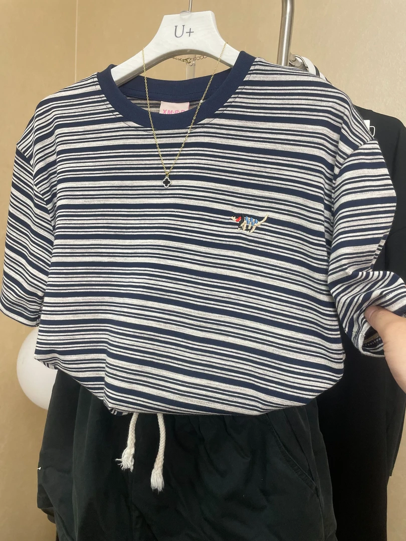 韩系洋气藏青细条纹刺绣小狗2025夏季新款圆领短袖T恤休闲女