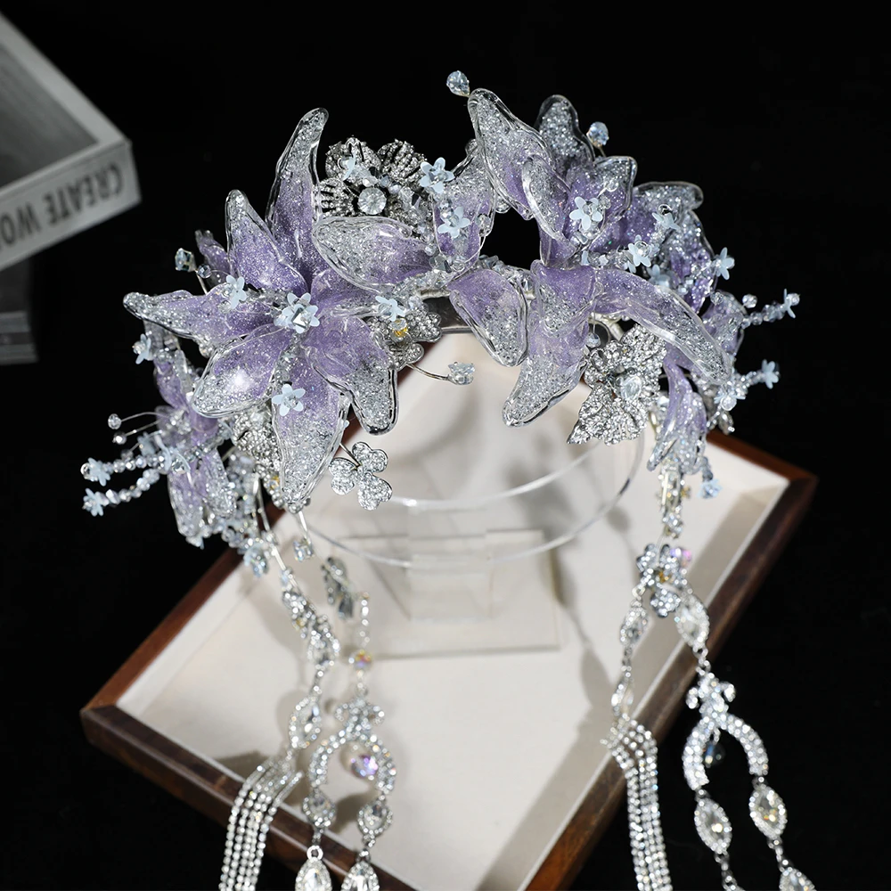 BH6346清冷高级紫色水凝胶发饰流苏头饰发饰大气新娘皇冠头饰