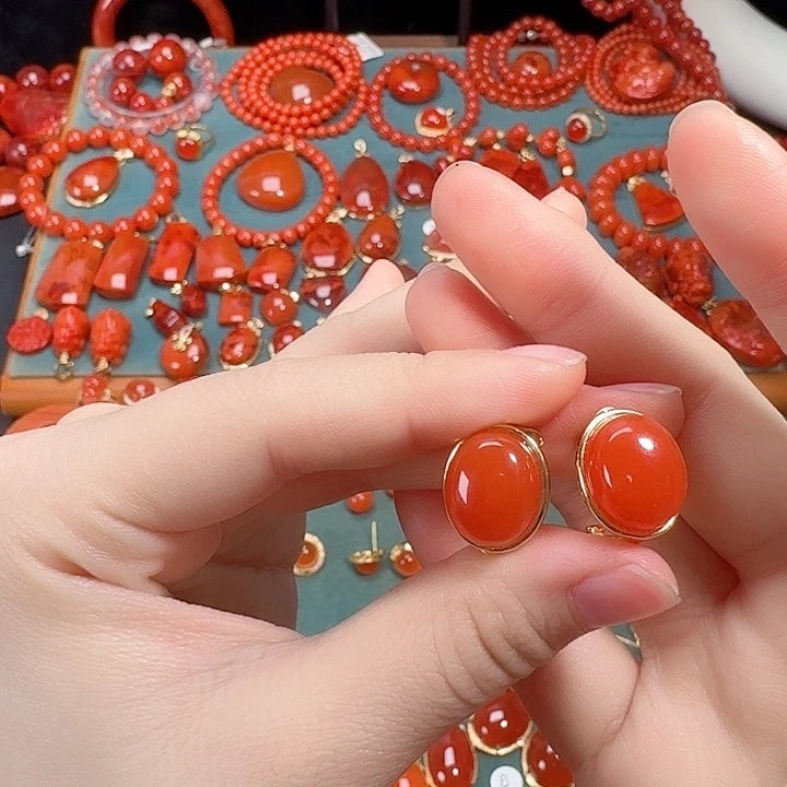 南红玛瑙银S925镶嵌耳环