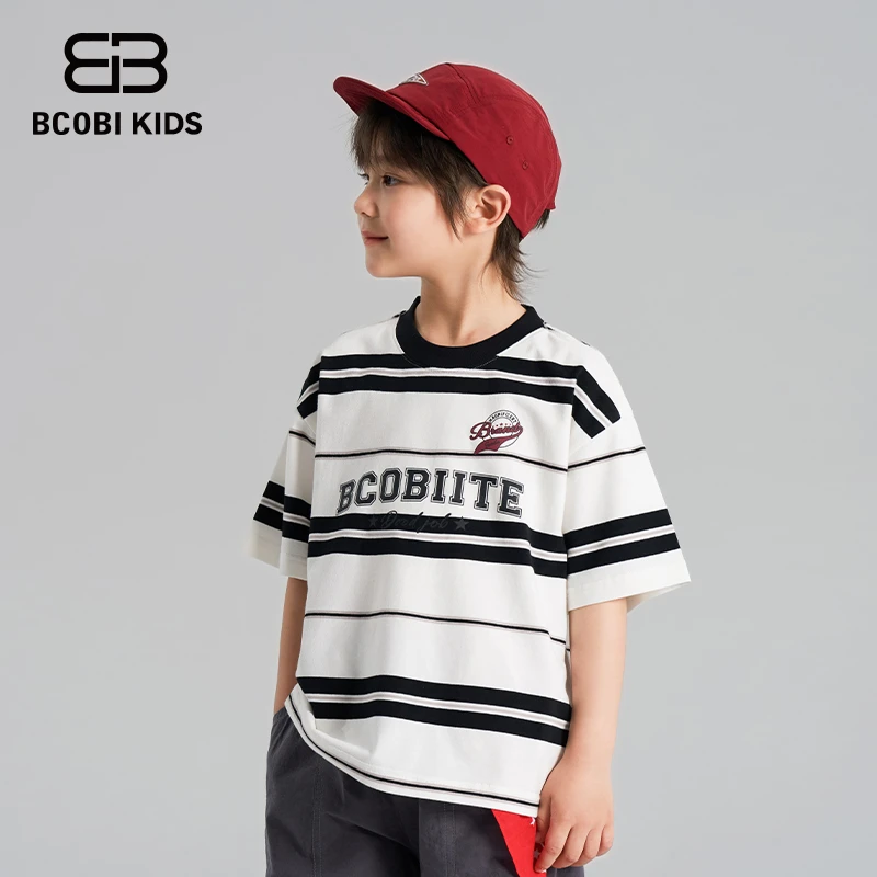 BCOBI/不可比喻男童夏季t恤短袖条纹字母上衣儿童服装夏装潮款