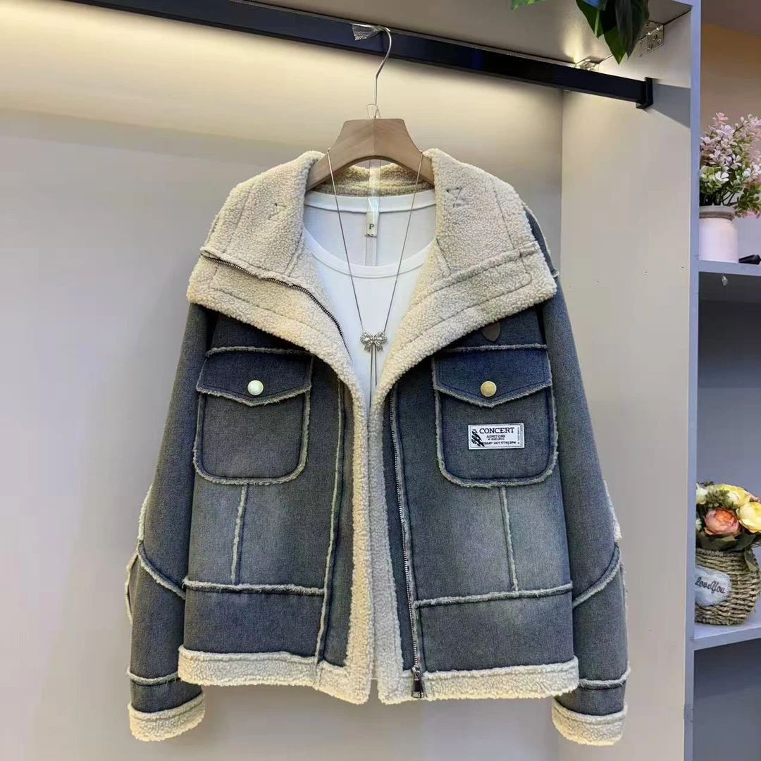 毛领加绒加厚百搭2025秋冬季拉链短外套秋冬牛仔拼接