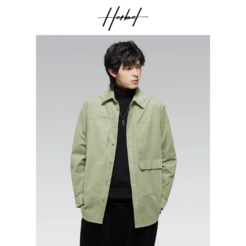 HERBEL/黑白早秋穿搭 春秋新款男士长袖衬衫简约时尚休闲潮流1821