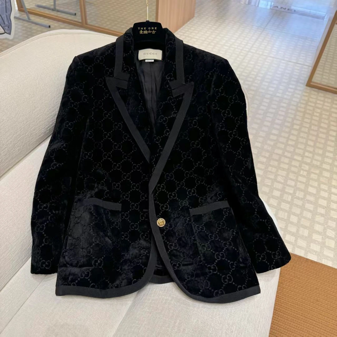 99新 GUCCI/古驰 壹臻/黑色丝绒满印logo西装外套42/98965017