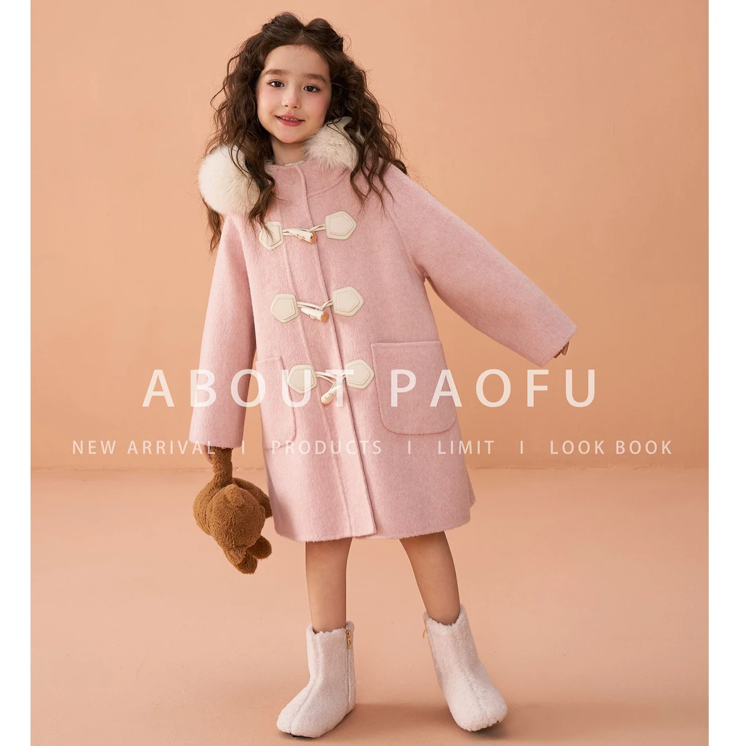 泡芙定制 2024冬款纯手工双面绵羊毛长款儿童毛呢套装 DY231210