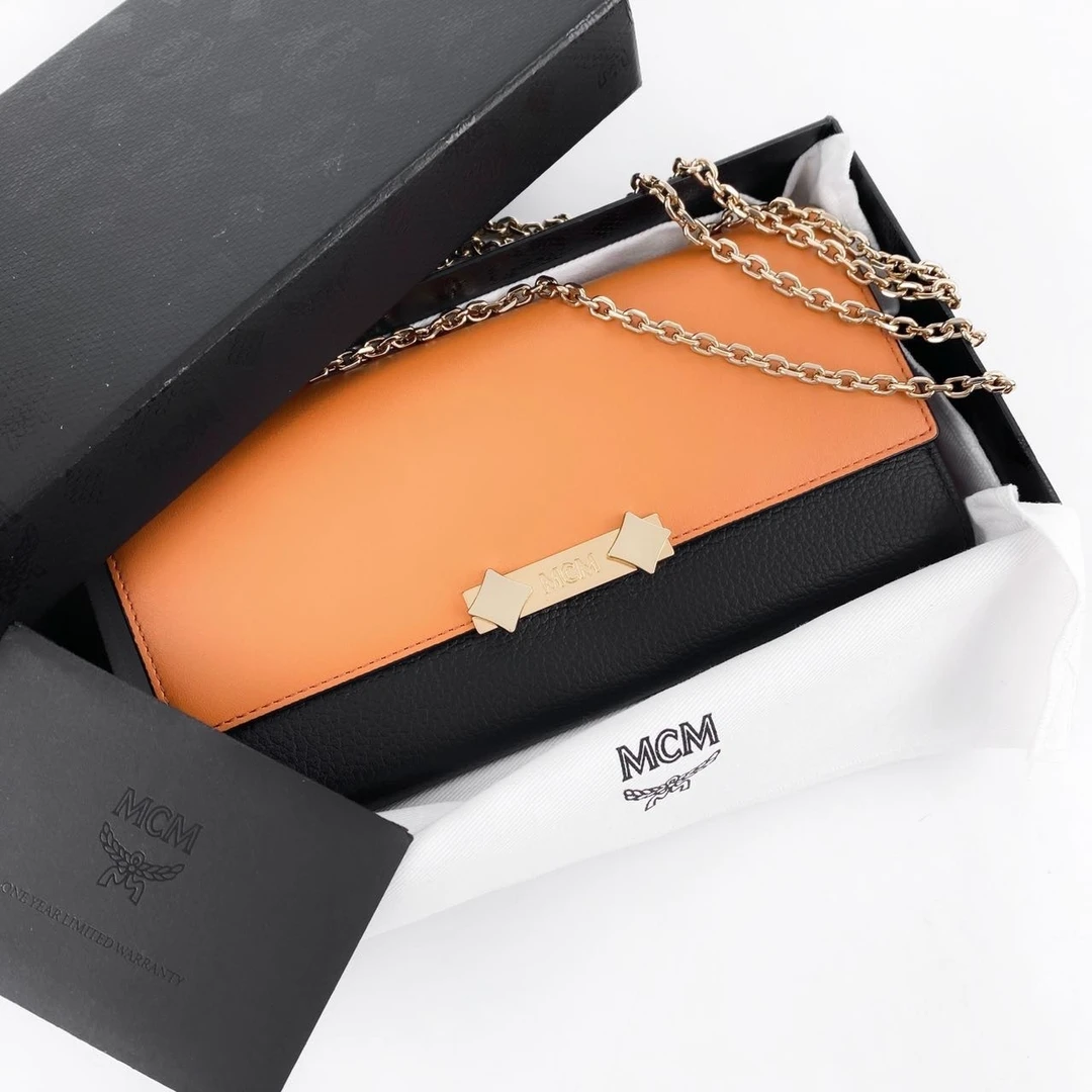 95新 MCM 拼色牛皮金扣链条包单肩包