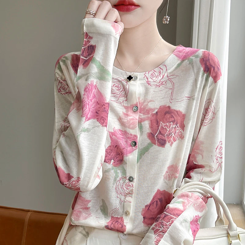 品牌2025年春秋季新款百搭印花简约开衫圆领单排扣针织衫