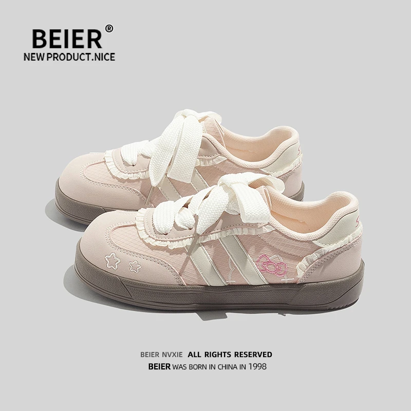 BEIER圆头复古厚底休闲学生板鞋女鞋2025秋季新款百搭德训鞋6903