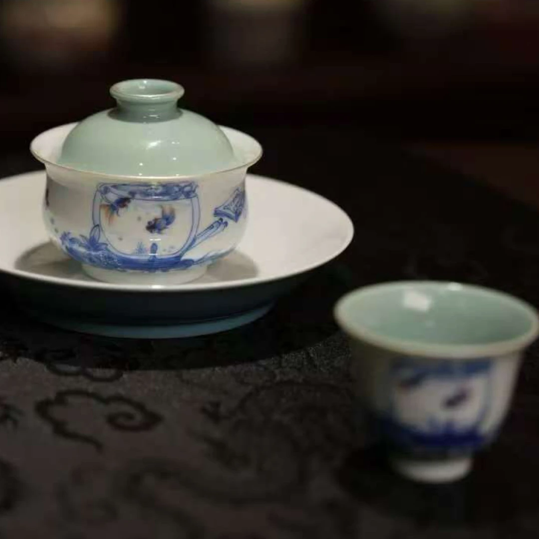 念物山坊 天水碧釉清贡图 盖碗➕单杯