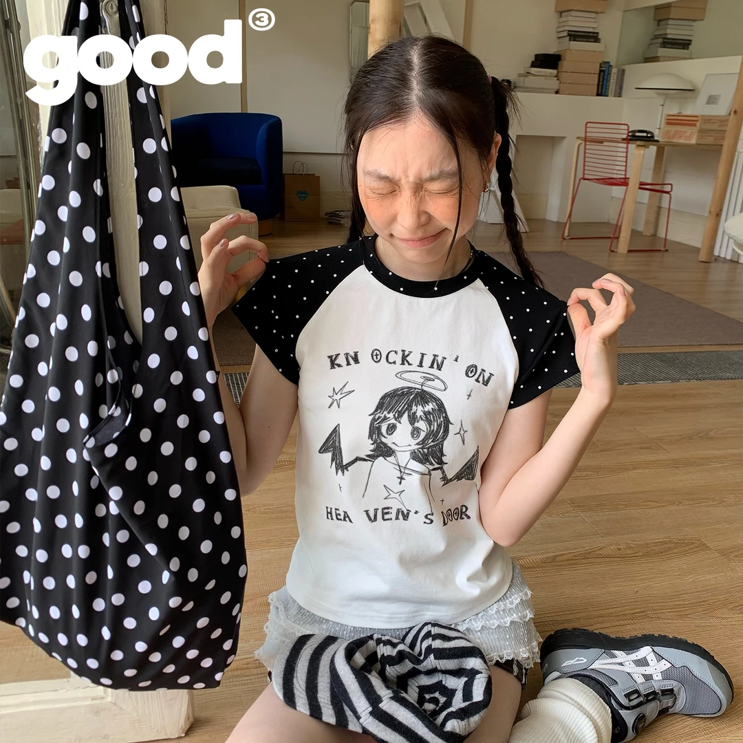 美好商店MeihaoStore天使女孩波点插肩袖小板型印花透气凉感短袖
