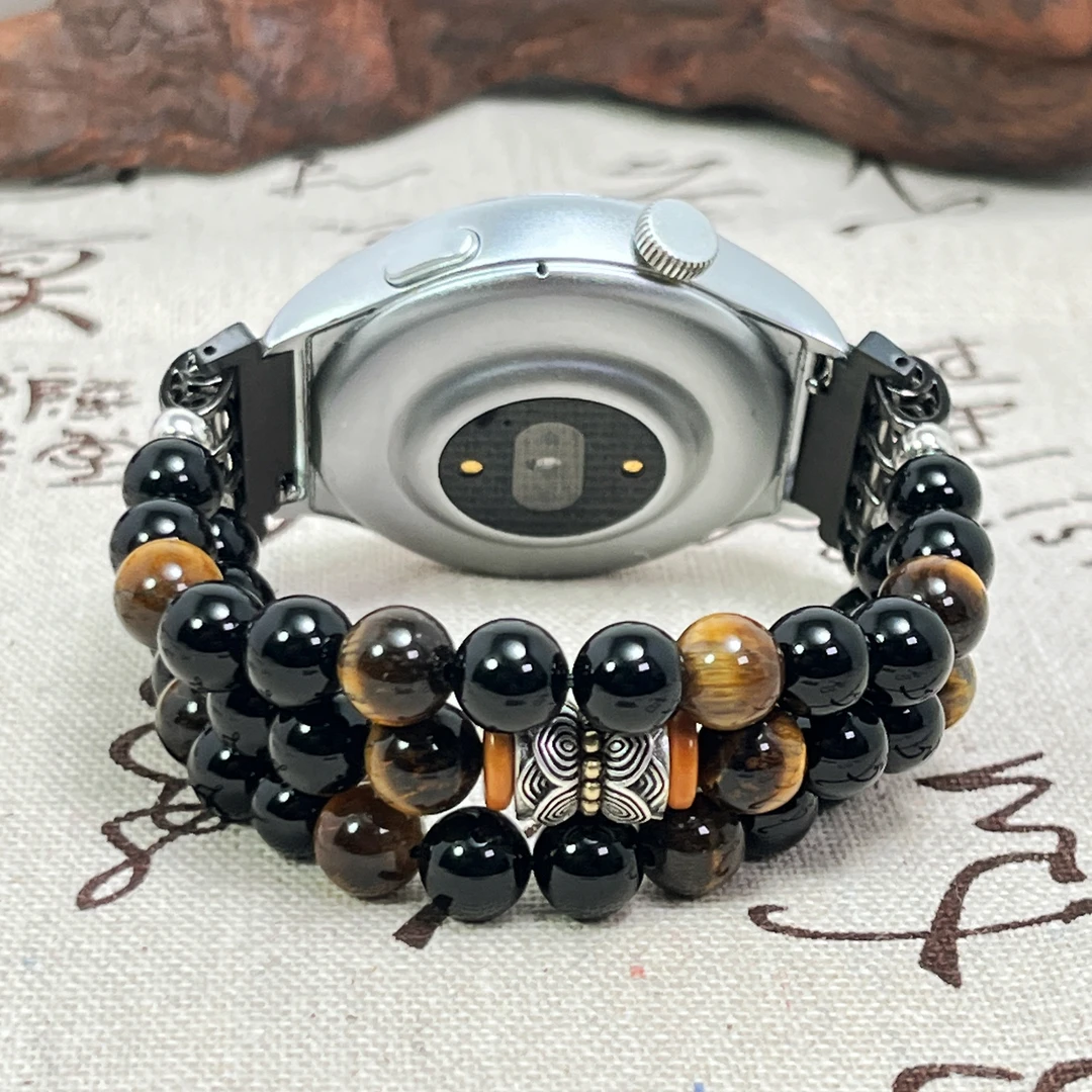 黑玛瑙黄虎眼石串珠表带文玩佛珠弹力手串适用华为GT5/4watch手表