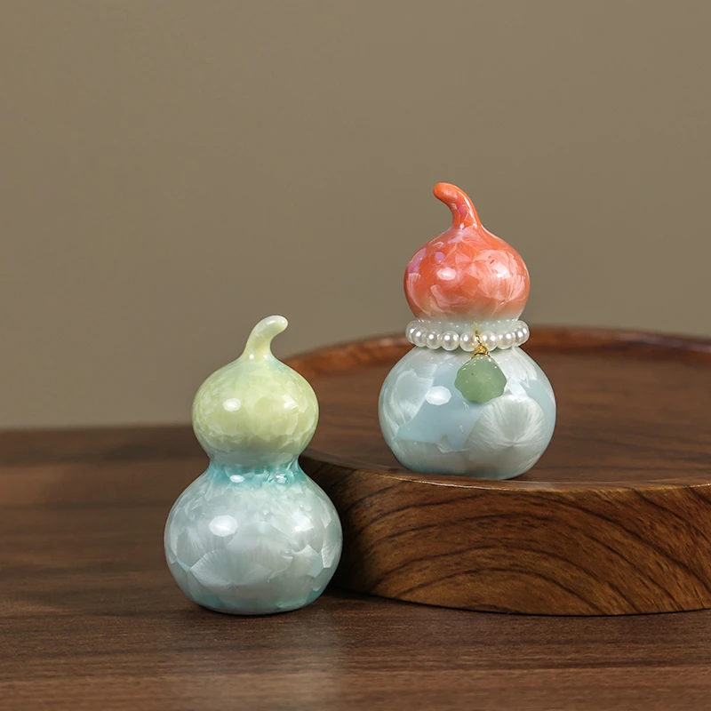 高档茶道配件可爱清新窑变结晶釉葫芦盖置茶玩中式茶宠摆件礼盒装