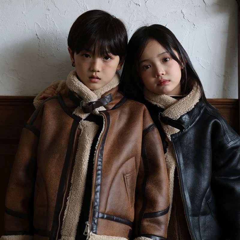 FAVMARTHA童装男童麂皮绒外套秋冬款儿童皮衣夹克女童春季皮毛一
