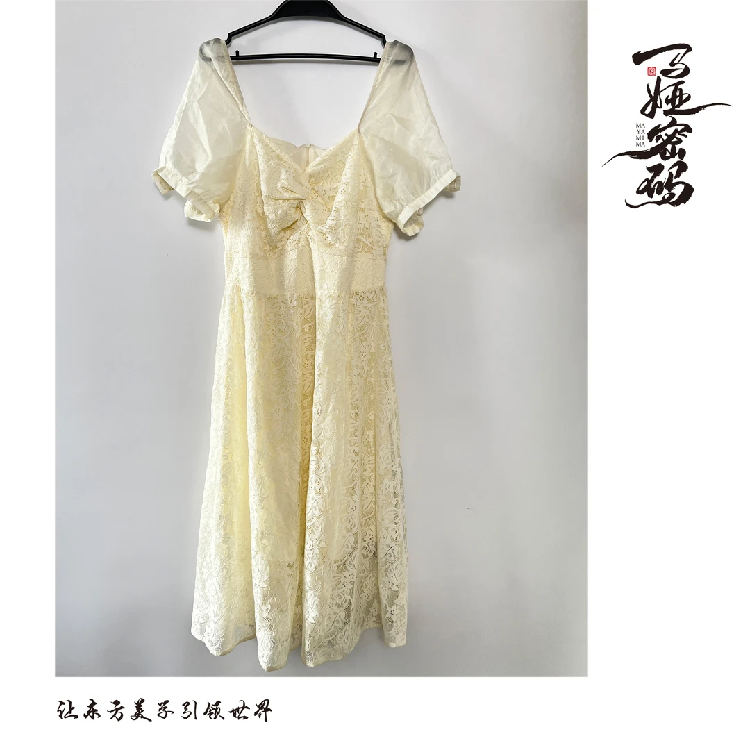 常规连衣裙泡泡袖短袖白色蕾丝国风裙子拉链女装套头