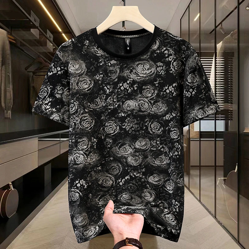短袖潮牌质感夏季新款T恤圆领男士潮流设计烫钻宽松高端半袖体恤
