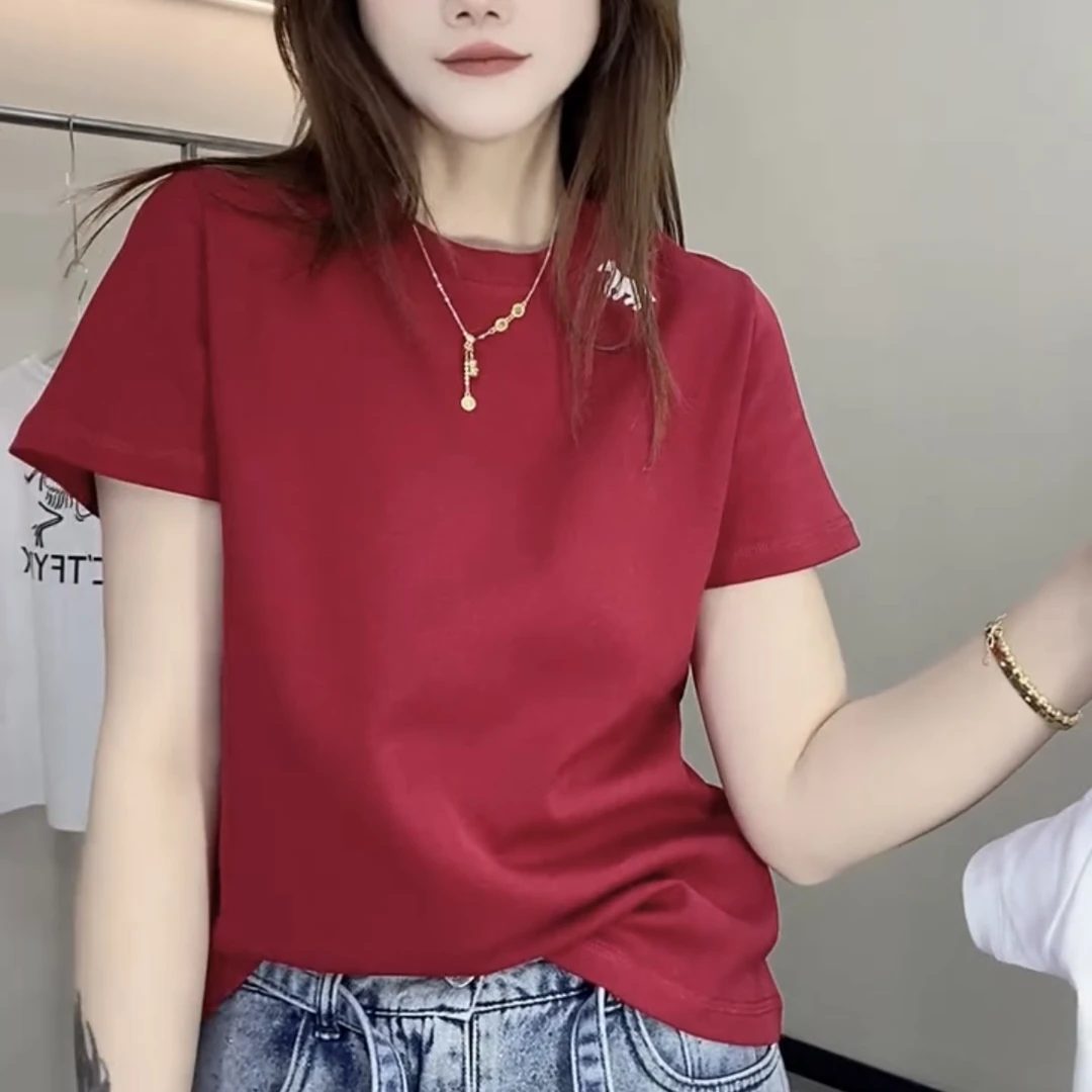 秋冬新款时尚韩版圆领新年款小马刺绣短袖百搭显瘦上衣T恤