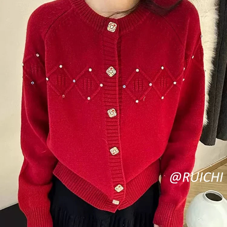 气质名媛风~优雅永不过时百搭时尚早春新款圆领钉珠针织开衫