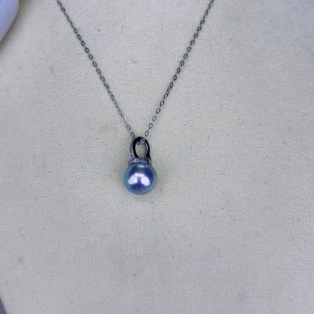 海水珍珠海水akoya真多麻色吊坠8-9mm18K金镶嵌