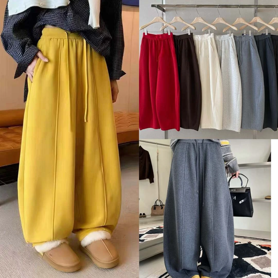 【中国红】高腰抽绳加绒加厚阔腿休闲女冬新款韩版宽松弯刀裤卫裤