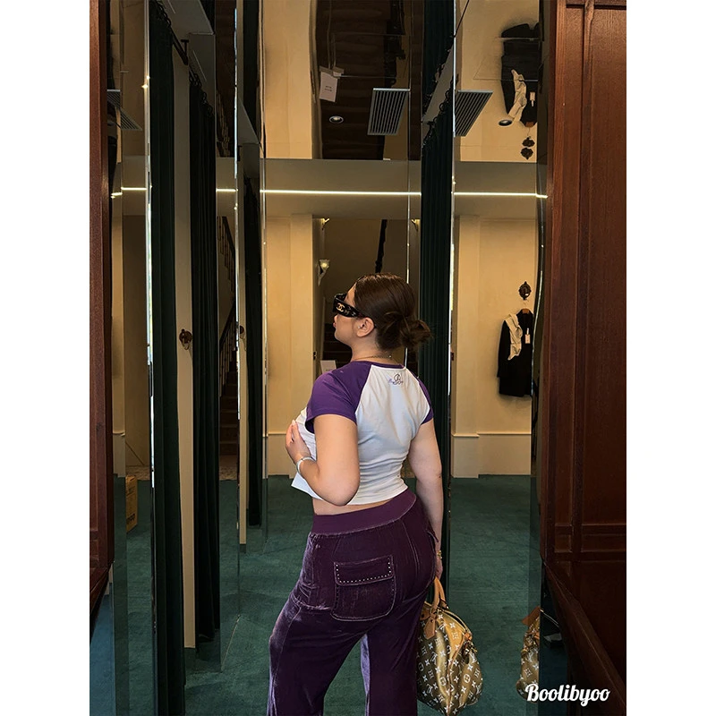 Boolibyoo万妮达同款灵感大码美式复古辣妹烫钻印花拼色设计感T恤
