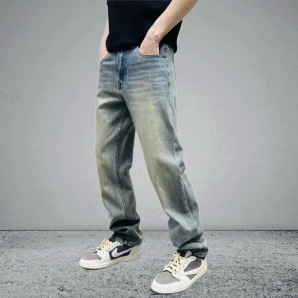 夏季美式休闲痞帅8835重工牛仔裤男复古直筒宽松潮牌阔腿长裤潮