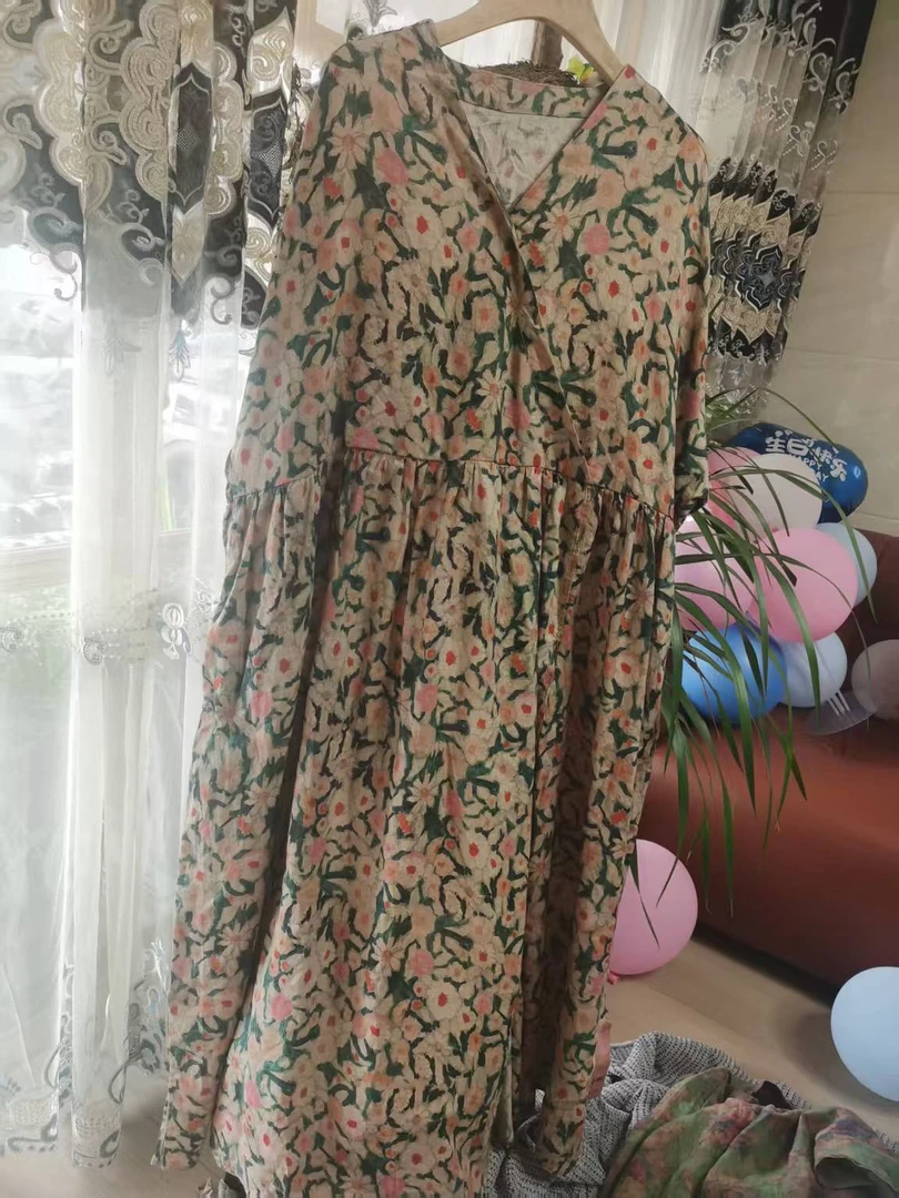 静一棉麻【春野来信】亚麻叠襟长款手工度假连衣裙