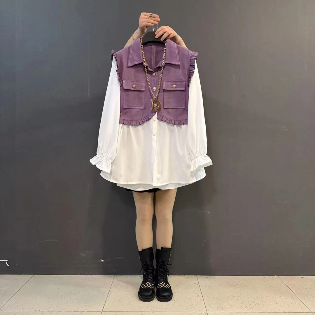 大码新款木耳边拼接马甲中长款衬衫假两件上衣女衣长73