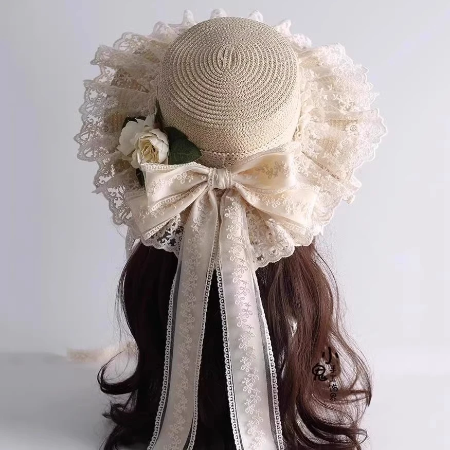 森系遮阳帽田园甜美洛丽塔日系草帽蕾丝蝴蝶结飘带防晒帽草编帽子