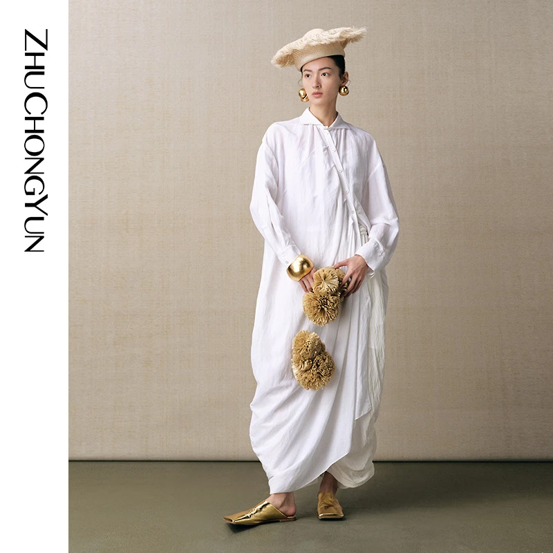 【大秀同款】ZHUCHONGYUN2025夏自然褶皱斜门襟衬衫裙C1FZ24776