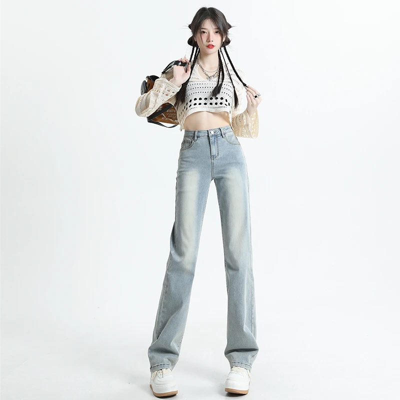 雪千羽浅色直筒牛仔裤女2025春秋新款弹力小个子高腰拖地烟管裤子