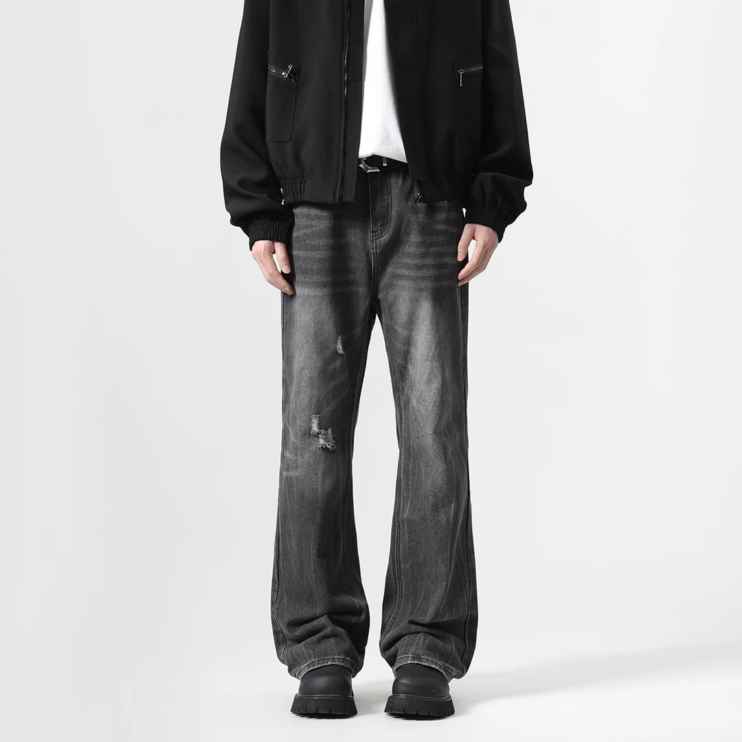 G3016美式复古高街设计感脚口磨烂重工洗水闪电纹牛仔裤